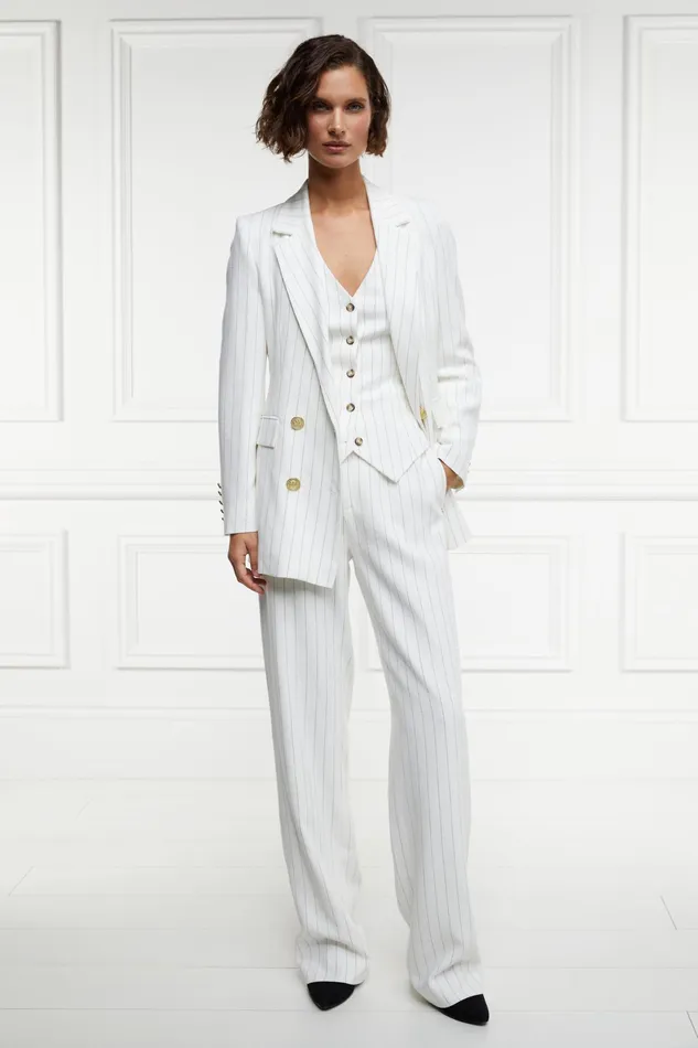 Holland Cooper Double Breasted Blazer Oyster Linen Pinstripe Women Tailoring