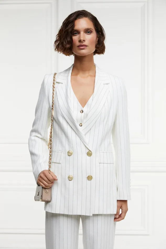 Holland Cooper Double Breasted Blazer Oyster Linen Pinstripe Women Tailoring