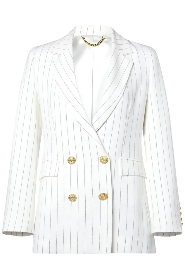 Holland Cooper Double Breasted Blazer Oyster Linen Pinstripe Women Tailoring