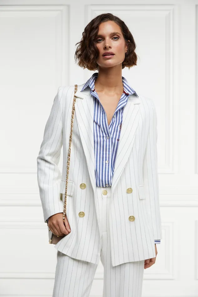 Holland Cooper Double Breasted Blazer Oyster Linen Pinstripe Women Tailoring