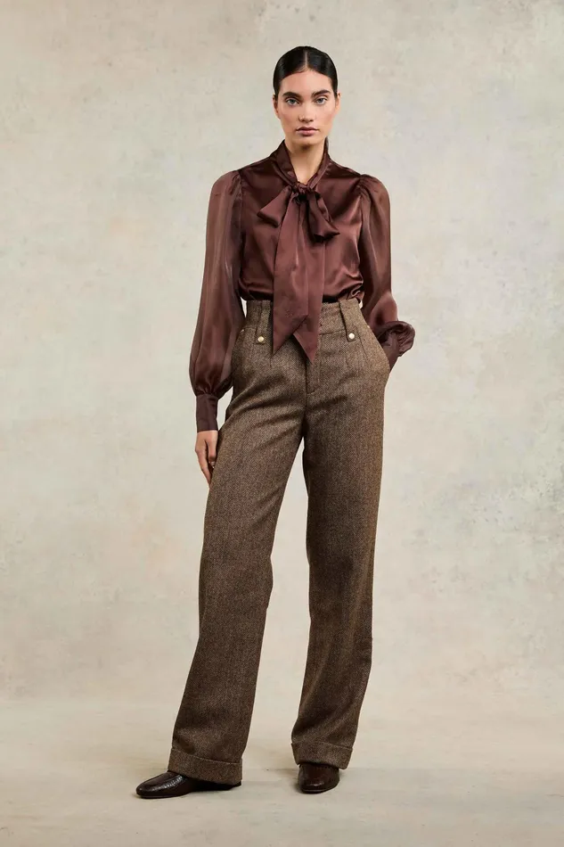 Holland Cooper High Waisted Wide Leg Trouser Large Scale Brown Herringbone Women Tailoring