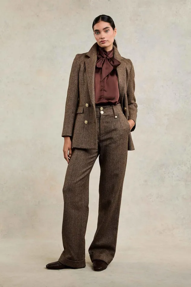 Holland Cooper High Waisted Wide Leg Trouser Large Scale Brown Herringbone Women Tailoring Holland Cooper High Waisted Wide Leg Trouser Large Scale Brown Herringbone Women Tailoring