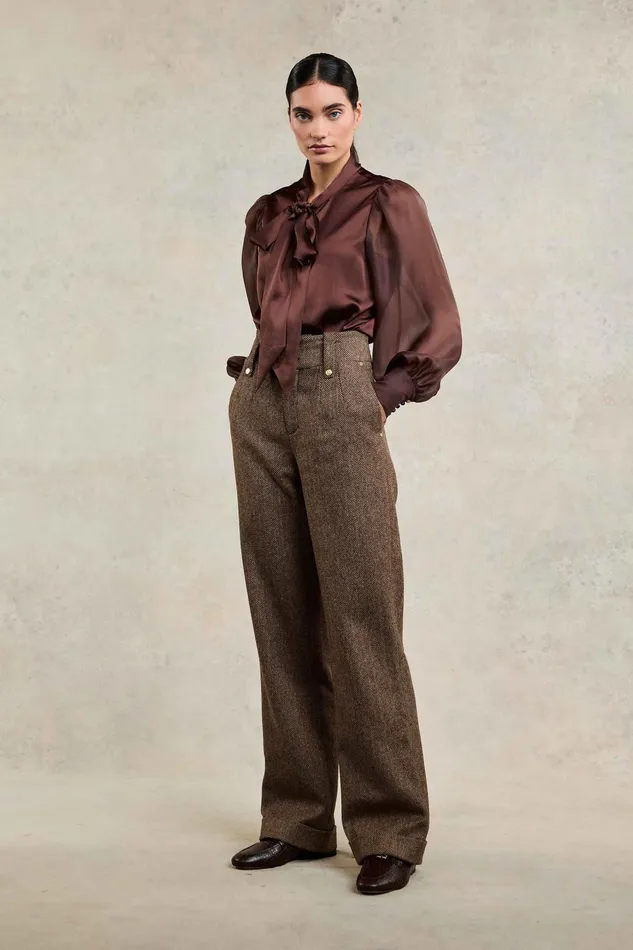 Holland Cooper High Waisted Wide Leg Trouser Large Scale Brown Herringbone Women Tailoring Holland Cooper High Waisted Wide Leg Trouser Large Scale Brown Herringbone Women Tailoring