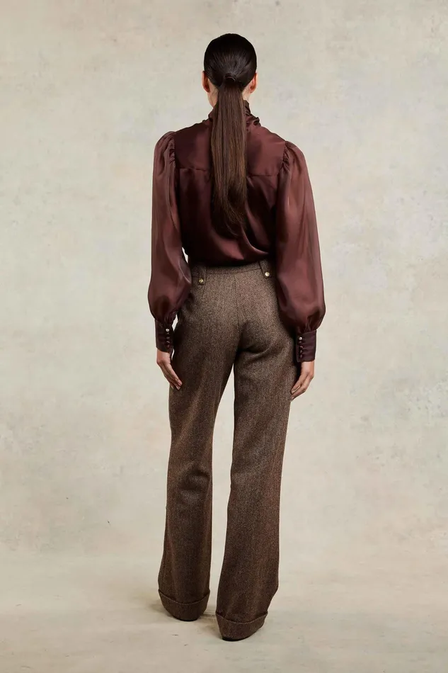 Holland Cooper High Waisted Wide Leg Trouser Large Scale Brown Herringbone Women Tailoring Holland Cooper High Waisted Wide Leg Trouser Large Scale Brown Herringbone Women Tailoring