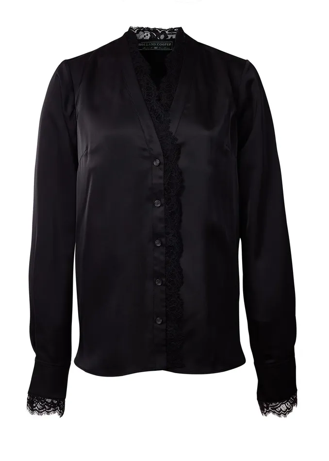 Holland Cooper Lace VNeck Blouse Black Satin Women Shirts and Blouses Holland Cooper Lace VNeck Blouse Black Satin Women Shirts and Blouses