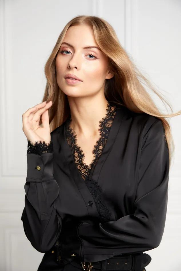 Holland Cooper Lace VNeck Blouse Black Satin Women Shirts and Blouses Holland Cooper Lace VNeck Blouse Black Satin Women Shirts and Blouses