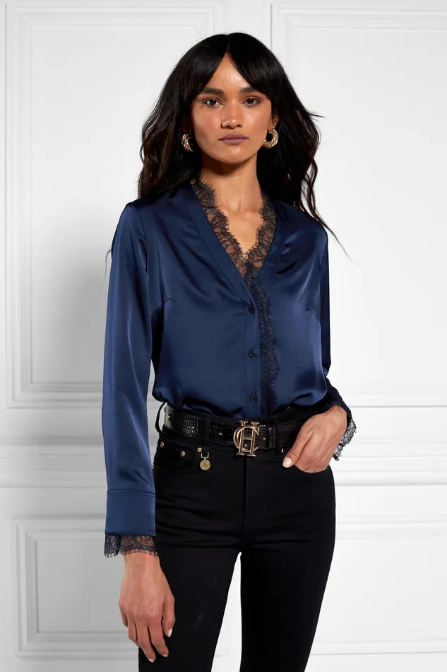 Holland Cooper Lace VNeck Blouse Ink Navy Women Shirts and Blouses