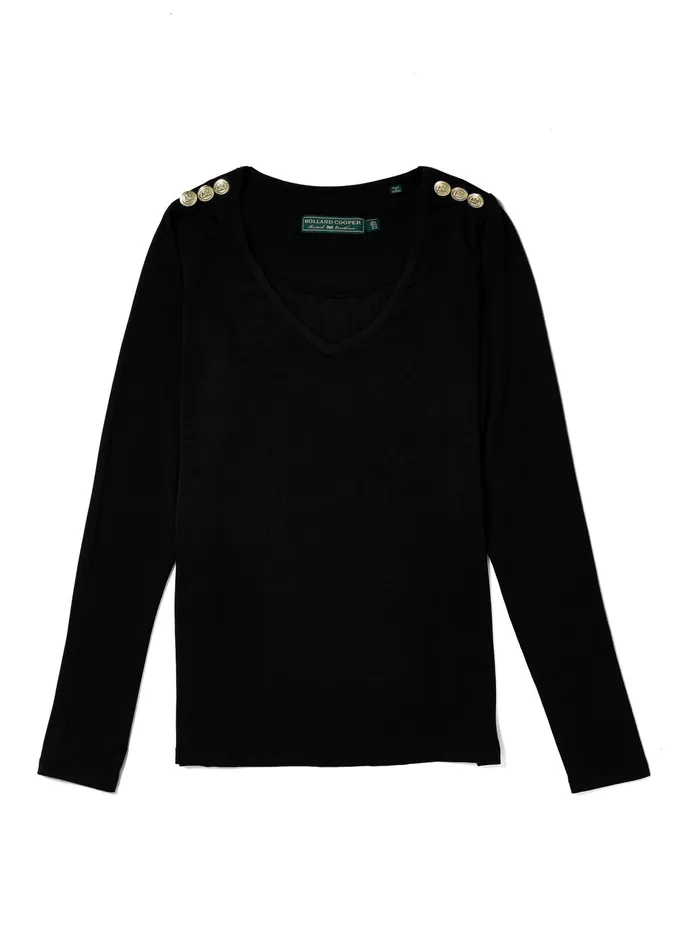 Holland Cooper Long Sleeve VNeck Tee Black Women Tees Holland Cooper Long Sleeve VNeck Tee Black Women Tees