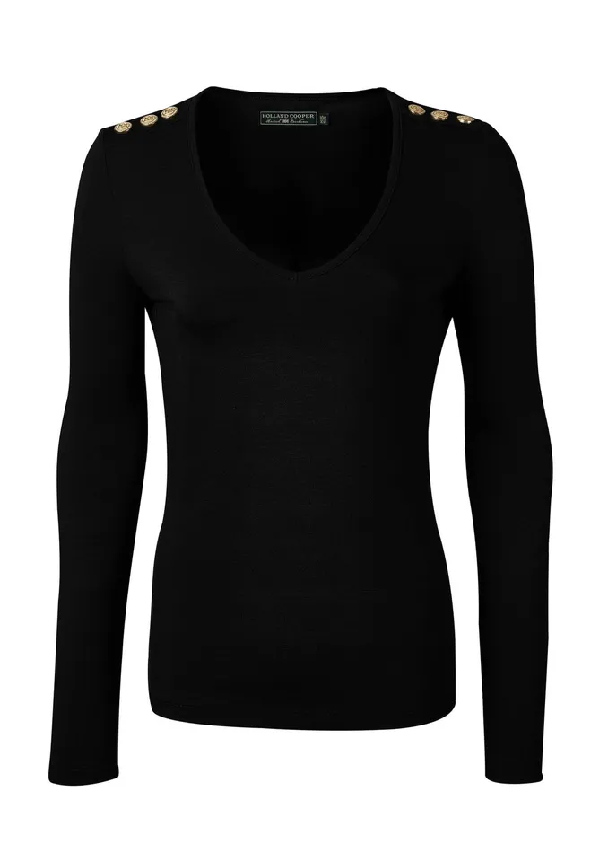 Holland Cooper Long Sleeve VNeck Tee Black Women Tees Holland Cooper Long Sleeve VNeck Tee Black Women Tees