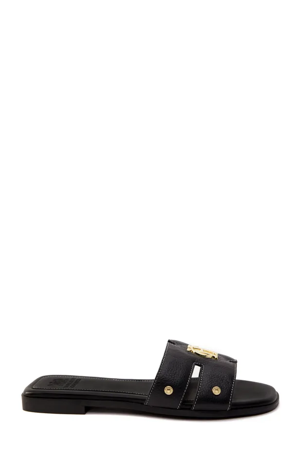 Holland Cooper Monogram Slides Black Leather Women Sandals and Slides