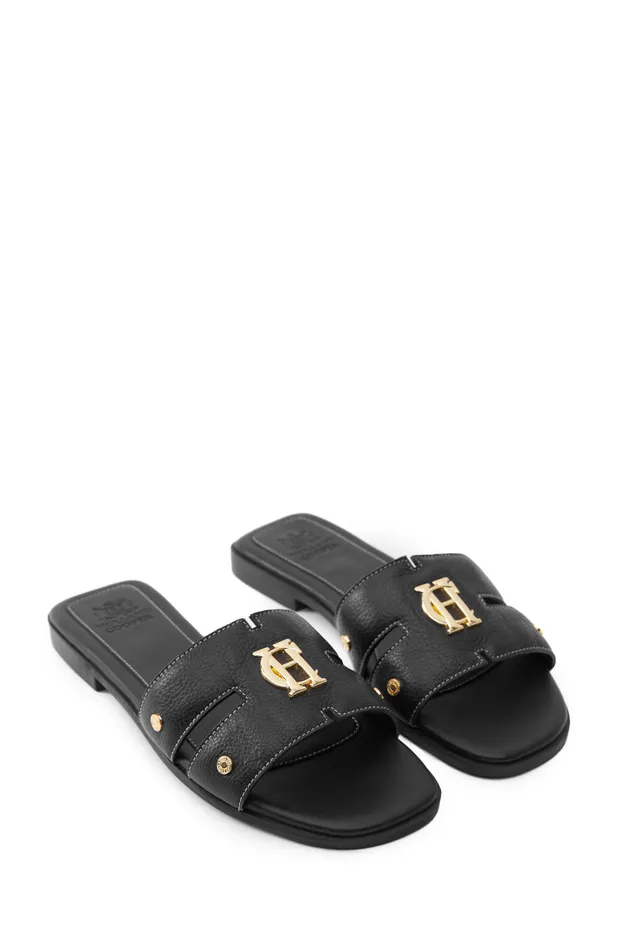 Holland Cooper Monogram Slides Black Leather Women Sandals and Slides Holland Cooper Monogram Slides Black Leather Women Sandals and Slides