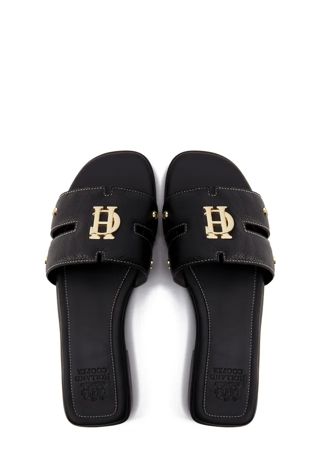 Holland Cooper Monogram Slides Black Leather Women Sandals and Slides Holland Cooper Monogram Slides Black Leather Women Sandals and Slides