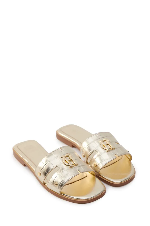 Holland Cooper Monogram Slides Gold Croc Women Sandals and Slides Holland Cooper Monogram Slides Gold Croc Women Sandals and Slides