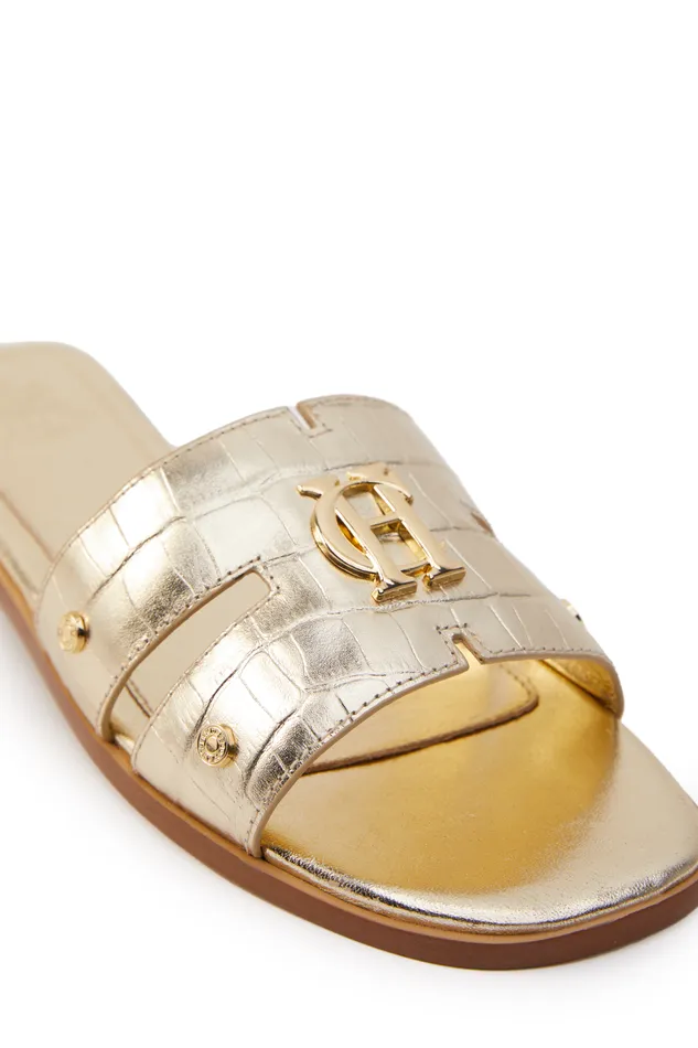 Holland Cooper Monogram Slides Gold Croc Women Sandals and Slides Holland Cooper Monogram Slides Gold Croc Women Sandals and Slides