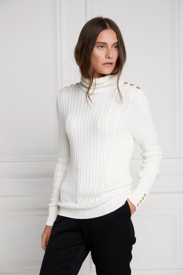 Holland Cooper Seattle Roll Neck Cable Knit Winter White Women Knitwear