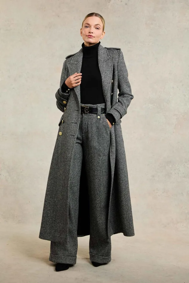 Holland Cooper The Great Coat Wide Tooth Black Herringbone Women Tailoring