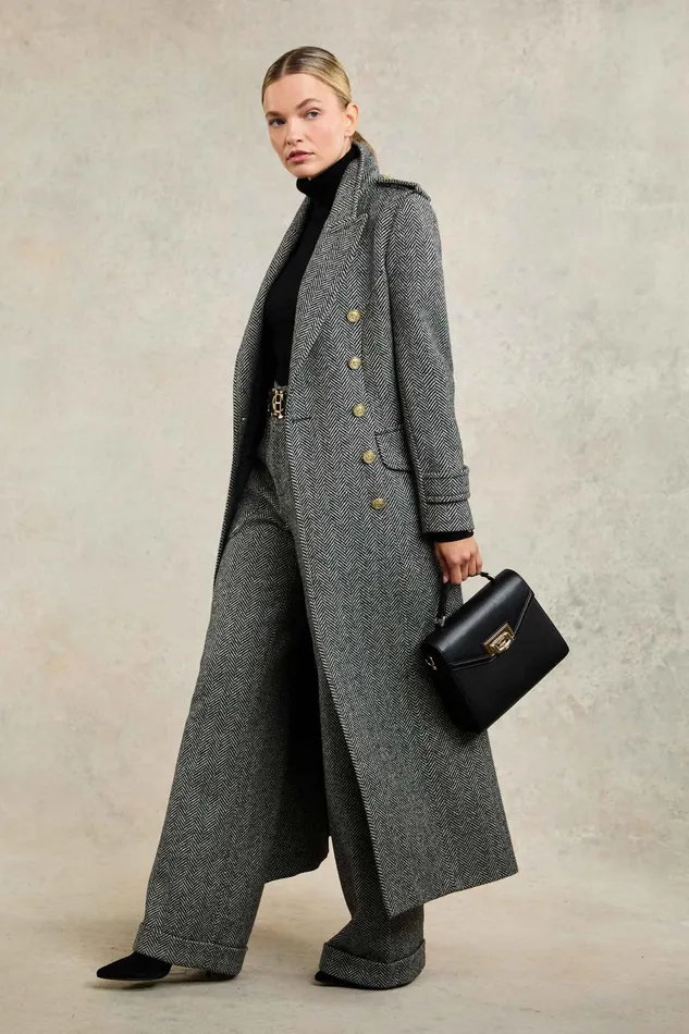 Holland Cooper The Great Coat Wide Tooth Black Herringbone Women Tailoring