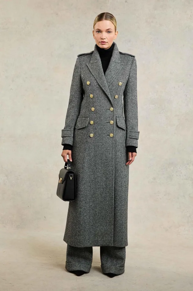 Holland Cooper The Great Coat Wide Tooth Black Herringbone Women Tailoring