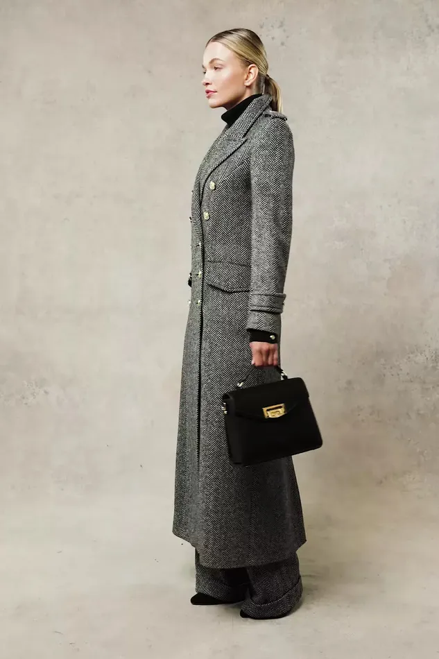 Holland Cooper The Great Coat Wide Tooth Black Herringbone Women Tailoring