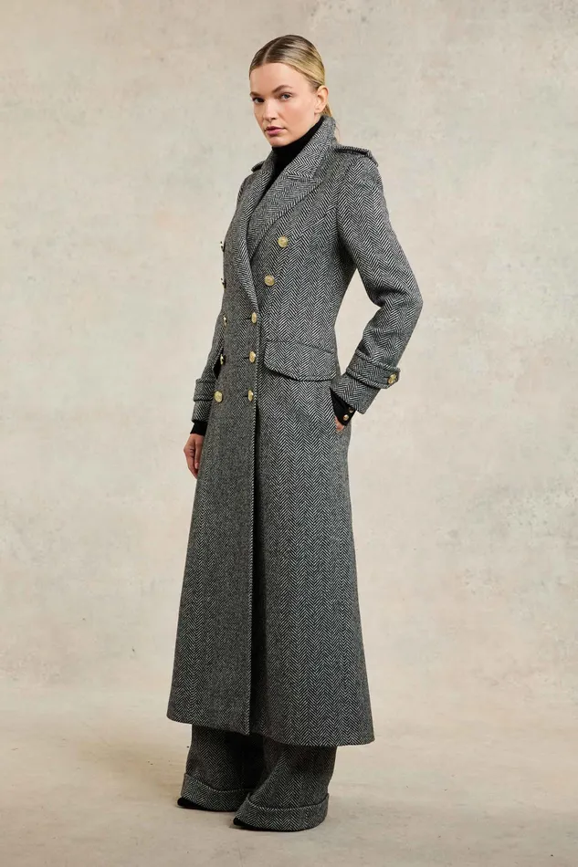 Holland Cooper The Great Coat Wide Tooth Black Herringbone Women Tailoring