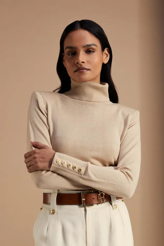 Holland Cooper Victoria Cashmere Roll Neck Stone Women Knitwear