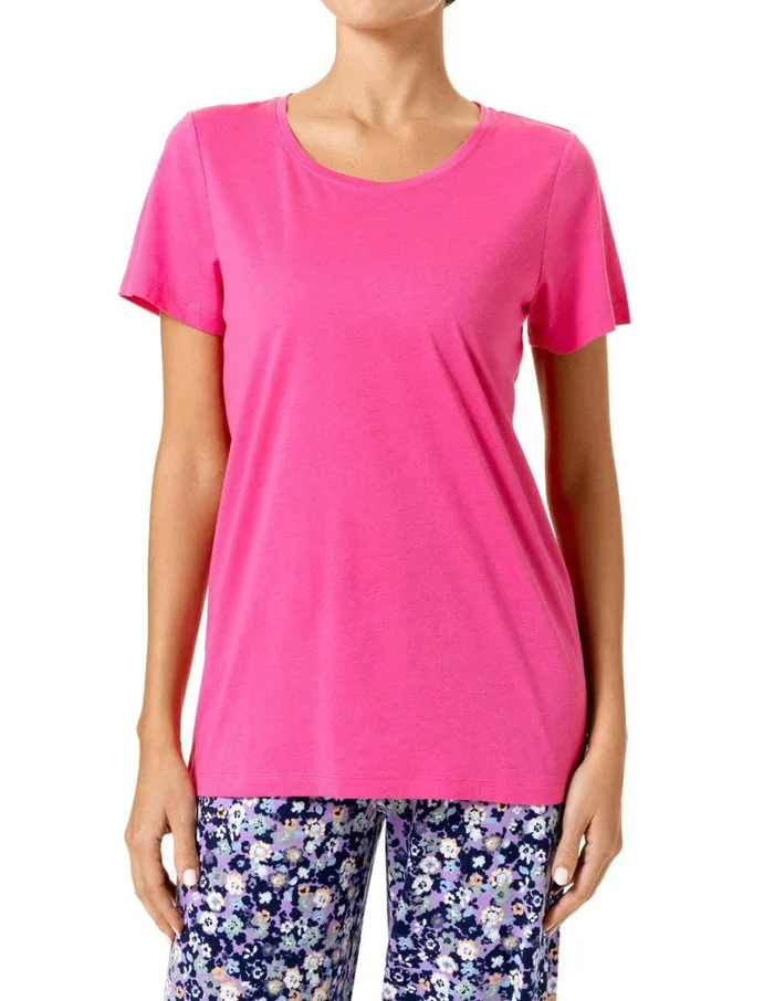 Hue Solid Short Sleeve Scoop Neck Tee Fandango Pink Women Tops