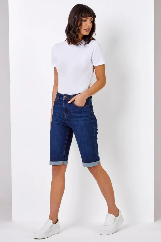 Indigo Essential Stretch Knee Length Shorts Women Roman Shorts