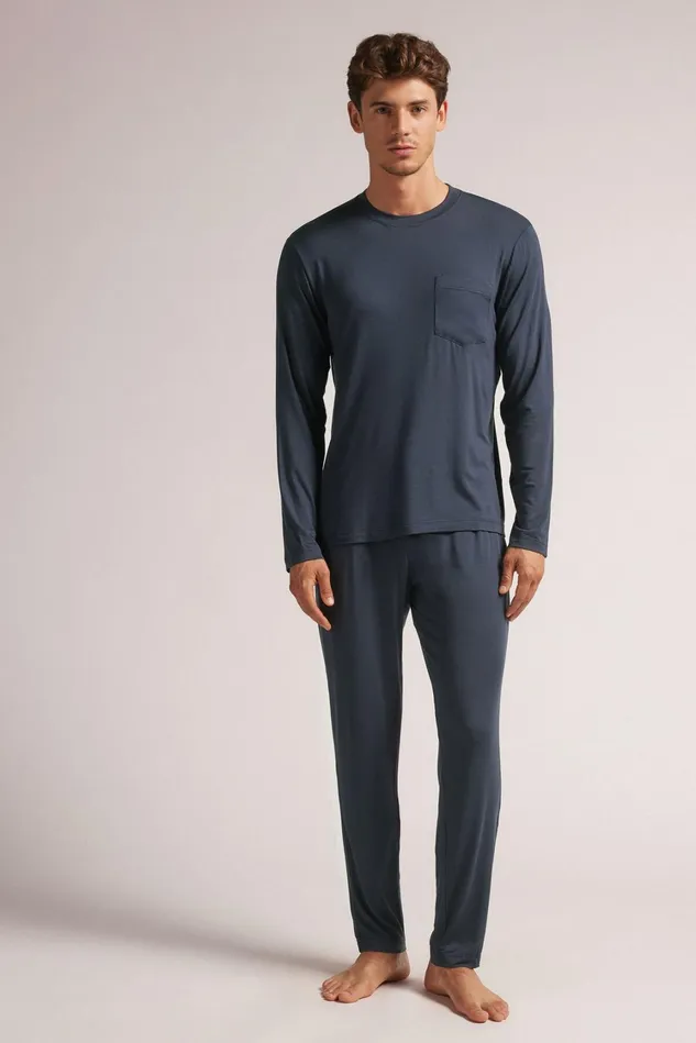 Intimissimi Long Pajamas Men Full Length Micromodal Pajamas Blue 800 8211 Blu Notte