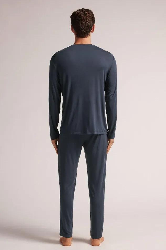 Intimissimi Long Pajamas Men Full Length Micromodal Pajamas Blue 800 8211 Blu Notte