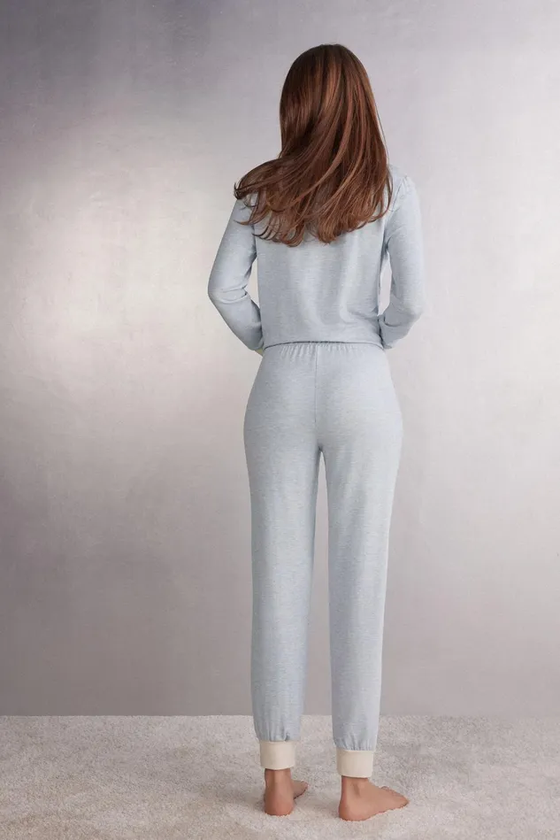 Intimissimi Long Pajamas Women Cold Winter Night Cuffed Pants In Modal With Wool Ivory 776j 8211 Azzurro Melangeseta