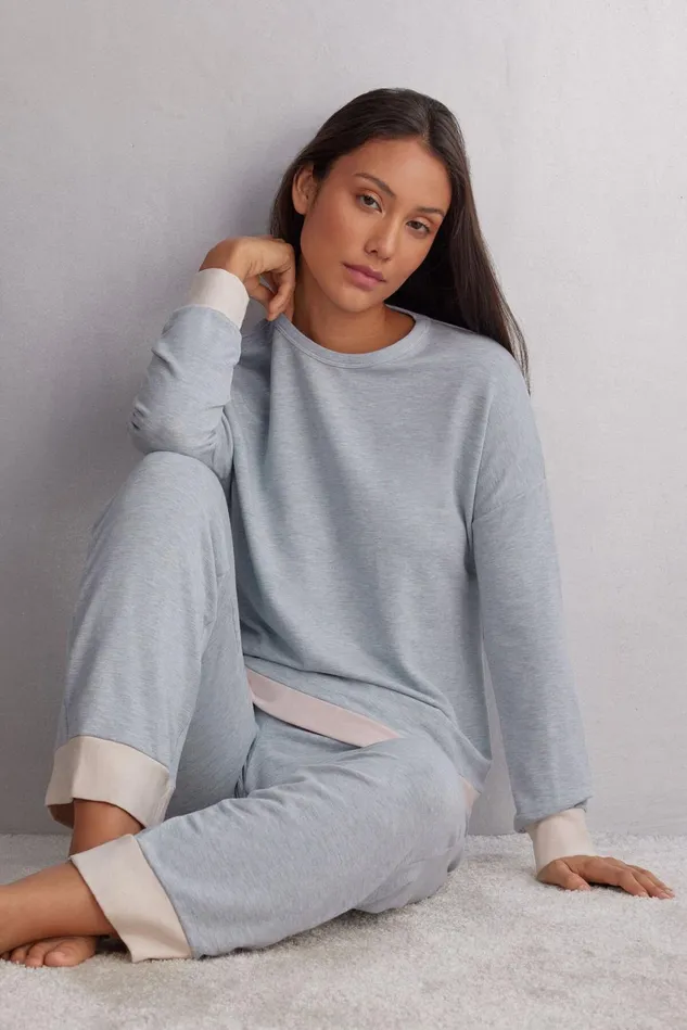 Intimissimi Long Pajamas Women Cold Winter Night Long Sleeve Top In Modal With Wool Ivory 776j 8211 Azzurro Melangeseta