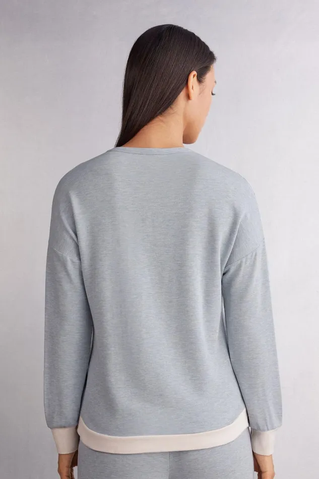 Intimissimi Long Pajamas Women Cold Winter Night Long Sleeve Top In Modal With Wool Ivory 776j 8211 Azzurro Melangeseta