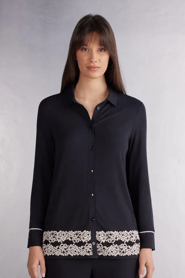 Intimissimi Long Pajamas Women Pretty Flowers Button Up Shirt In Modal Multicolor 9887 8211 Blackivory Intimissimi Long Pajamas Women Pretty Flowers Button Up Shirt In Modal Multicolor 9887 8211 Blackivory
