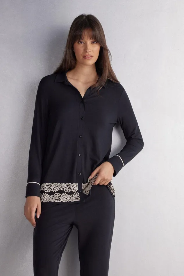 Intimissimi Long Pajamas Women Pretty Flowers Button Up Shirt In Modal Multicolor 9887 8211 Blackivory