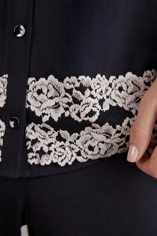 Intimissimi Long Pajamas Women Pretty Flowers Button Up Shirt In Modal Multicolor 9887 8211 Blackivory