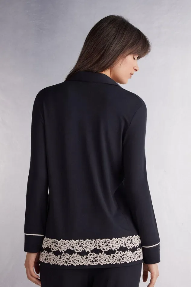 Intimissimi Long Pajamas Women Pretty Flowers Button Up Shirt In Modal Multicolor 9887 8211 Blackivory