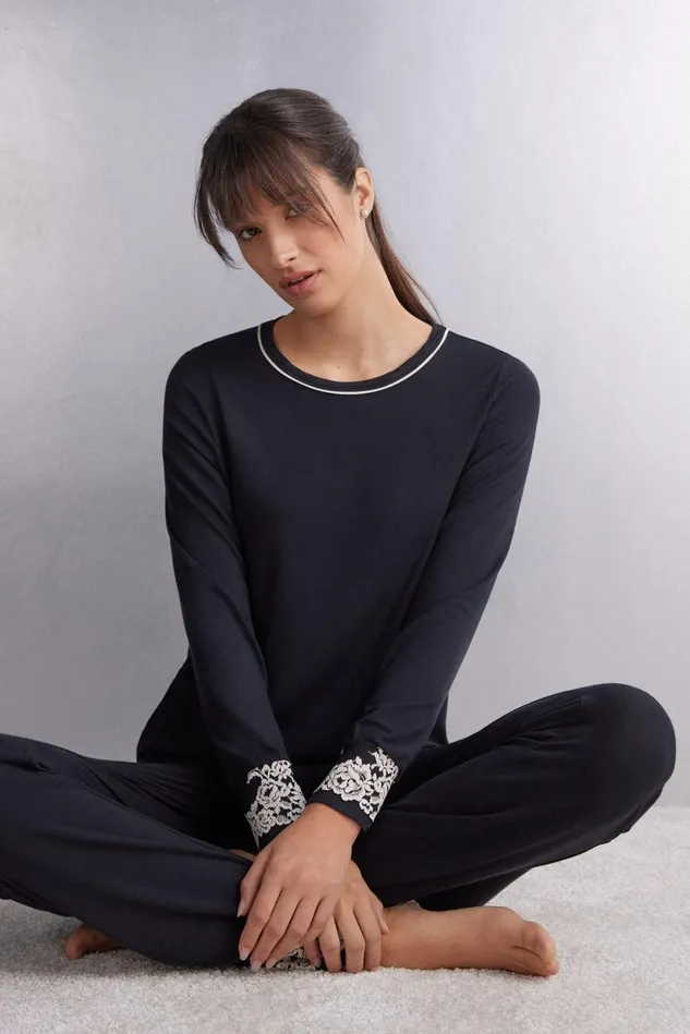 Intimissimi Long Pajamas Women Pretty Flowers Modal Top Multicolor 9887 8211 Blackivory