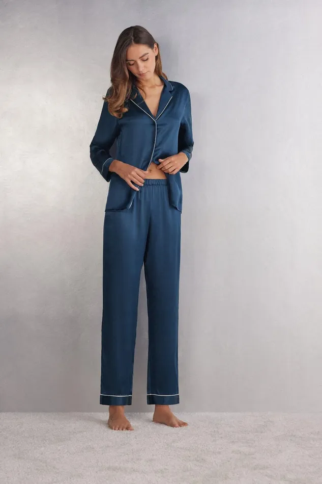 Intimissimi Long Pajamas Women Silk Satin Pajama Pants Blue 1467 8211 Intense Blue
