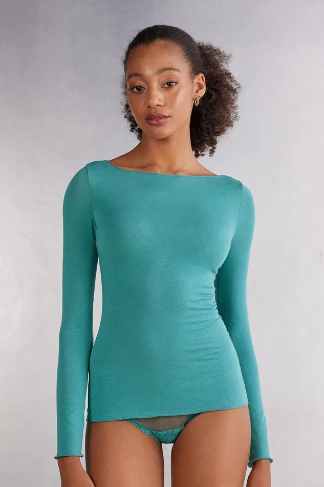 Intimissimi Long Sleeve Tops Women Boat Neck Modal Cashmere Ultralight Top Blue 654j 8211 Lagoon Blue Intimissimi Long Sleeve Tops Women Boat Neck Modal Cashmere Ultralight Top Blue 654j 8211 Lagoon Blue