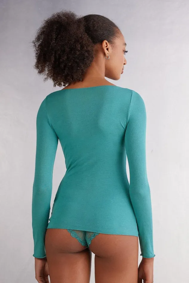 Intimissimi Long Sleeve Tops Women Boat Neck Modal Cashmere Ultralight Top Blue 654j 8211 Lagoon Blue