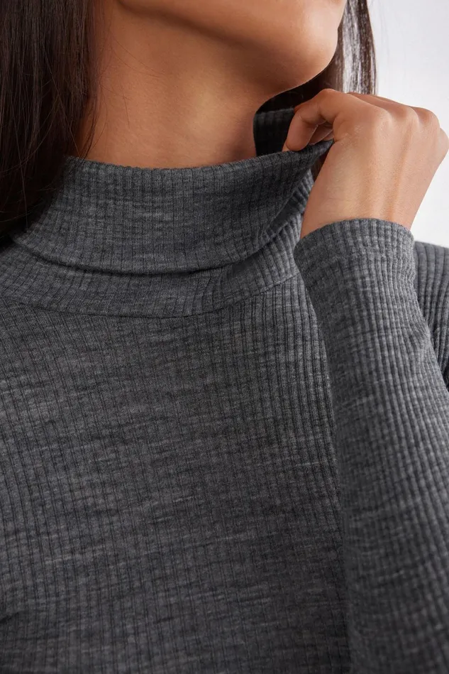 Intimissimi Long Sleeve Tops Women LongSleeve HighNeck Tubular Top In Wool And Silk Grey 7481 8211 Aluminium Grey Blend