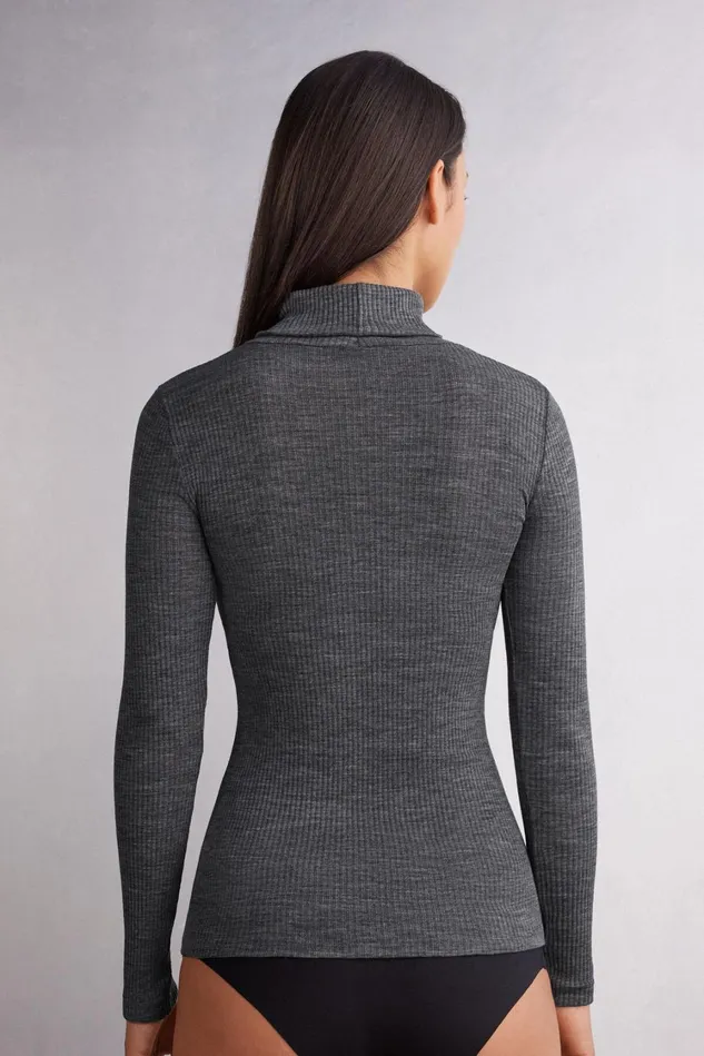Intimissimi Long Sleeve Tops Women LongSleeve HighNeck Tubular Top In Wool And Silk Grey 7481 8211 Aluminium Grey Blend