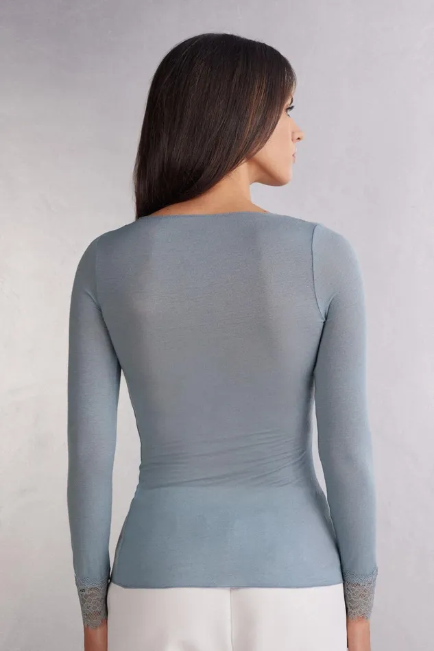 Intimissimi Long Sleeve Tops Women Modal Cashmere Ultralight Long Lace Shirt Blue 850j 8211 Ash Blue