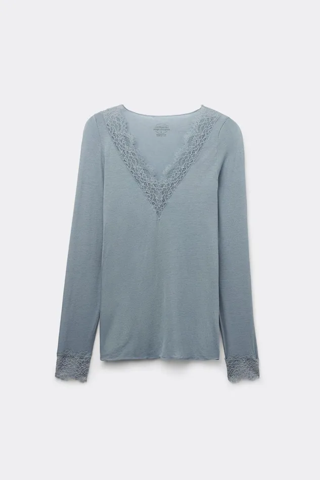 Intimissimi Long Sleeve Tops Women Modal Cashmere Ultralight Long Lace Shirt Blue 850j 8211 Ash Blue