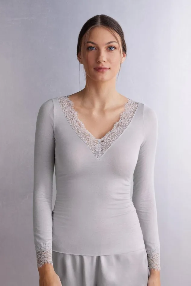 Intimissimi Long Sleeve Tops Women Modal Cashmere Ultralight Long Lace Shirt Pale Grey 347j 8211 Ice Grey Intimissimi Long Sleeve Tops Women Modal Cashmere Ultralight Long Lace Shirt Pale Grey 347j 8211 Ice Grey