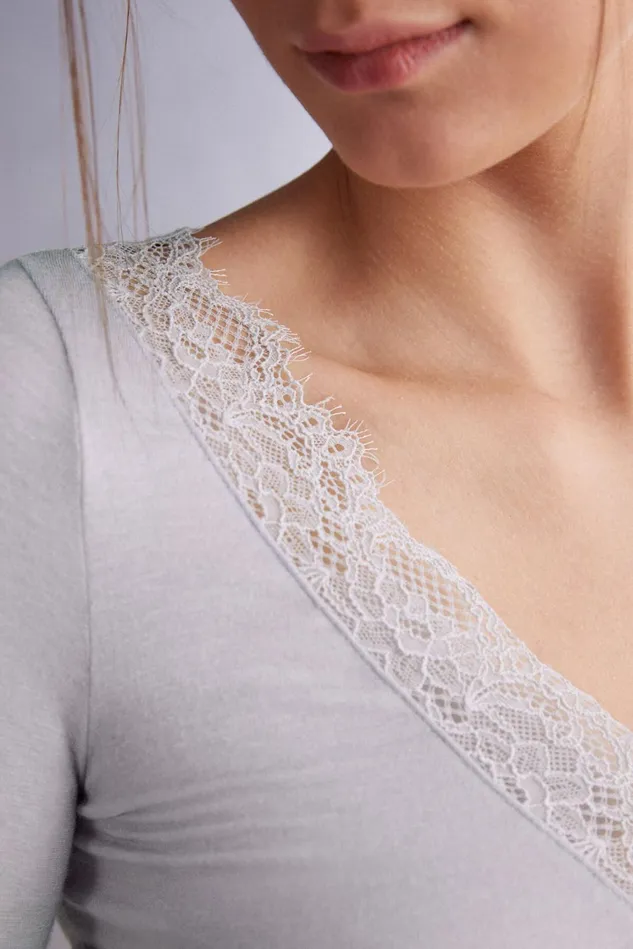 Intimissimi Long Sleeve Tops Women Modal Cashmere Ultralight Long Lace Shirt Pale Grey 347j 8211 Ice Grey