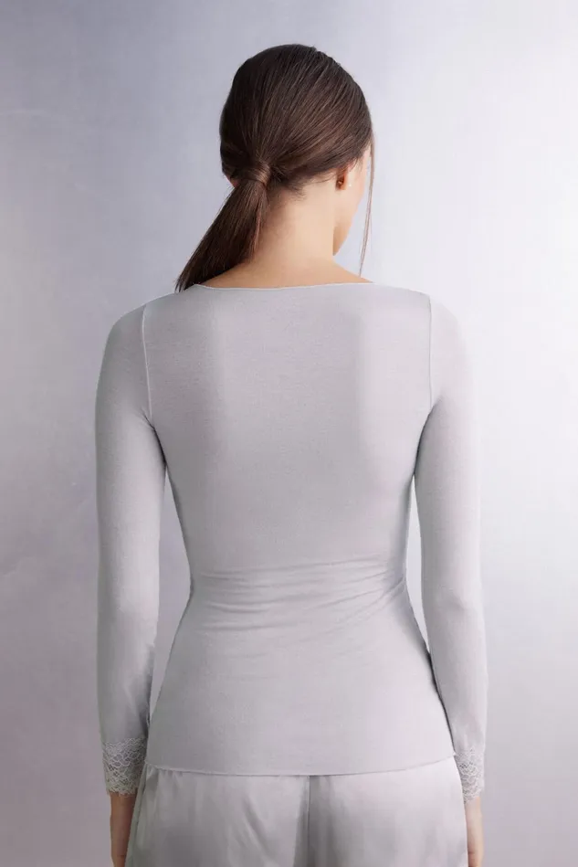 Intimissimi Long Sleeve Tops Women Modal Cashmere Ultralight Long Lace Shirt Pale Grey 347j 8211 Ice Grey