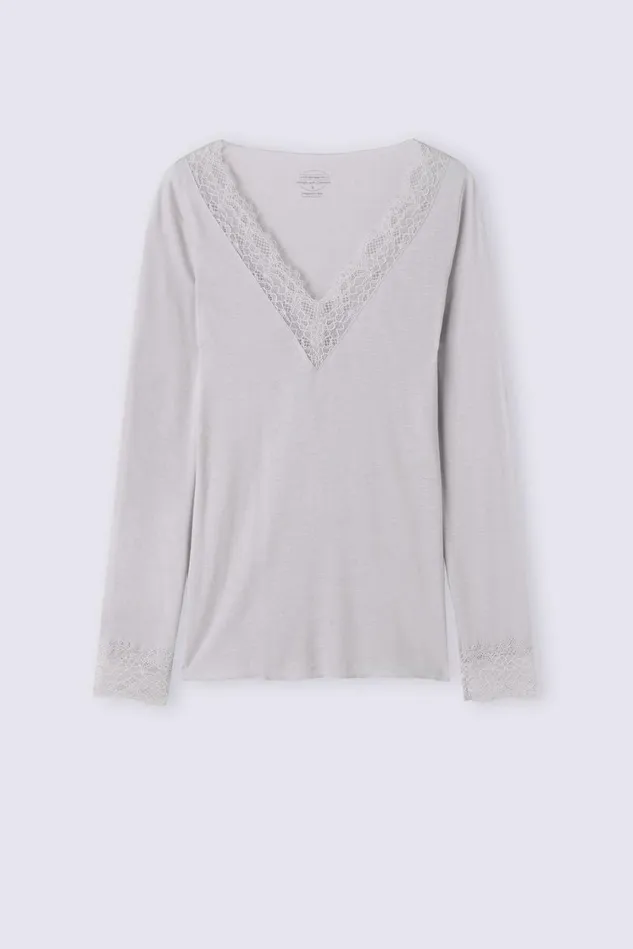 Intimissimi Long Sleeve Tops Women Modal Cashmere Ultralight Long Lace Shirt Pale Grey 347j 8211 Ice Grey