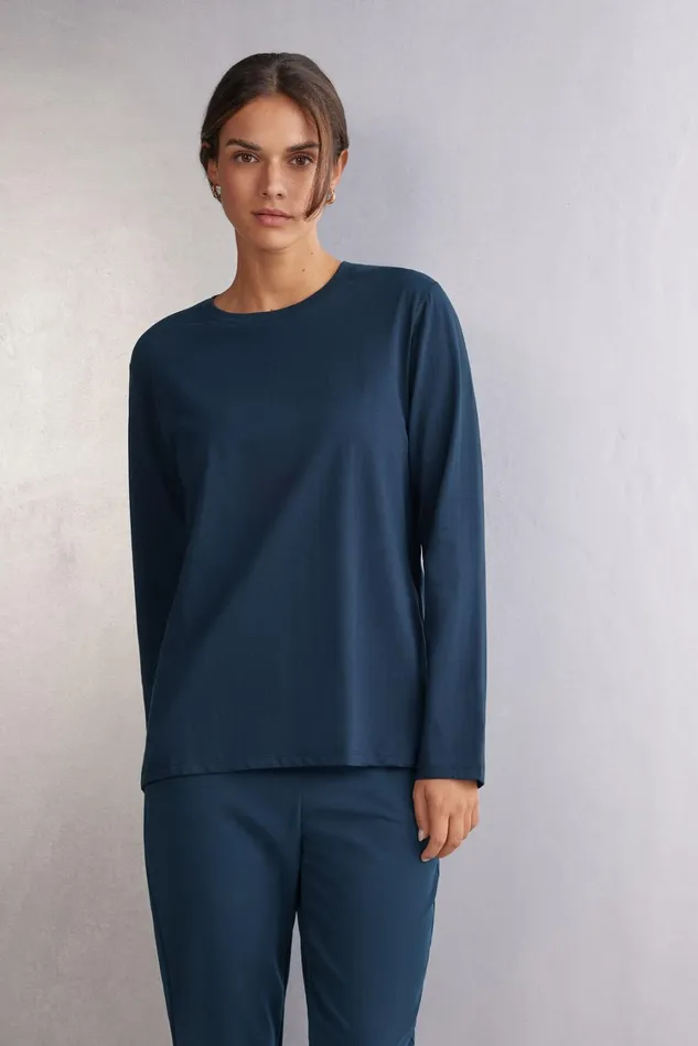 Intimissimi Long Sleeve Tops Women Superior Cotton Oversized Long Sleeve Top Blue 1467 8211 Intense Blue