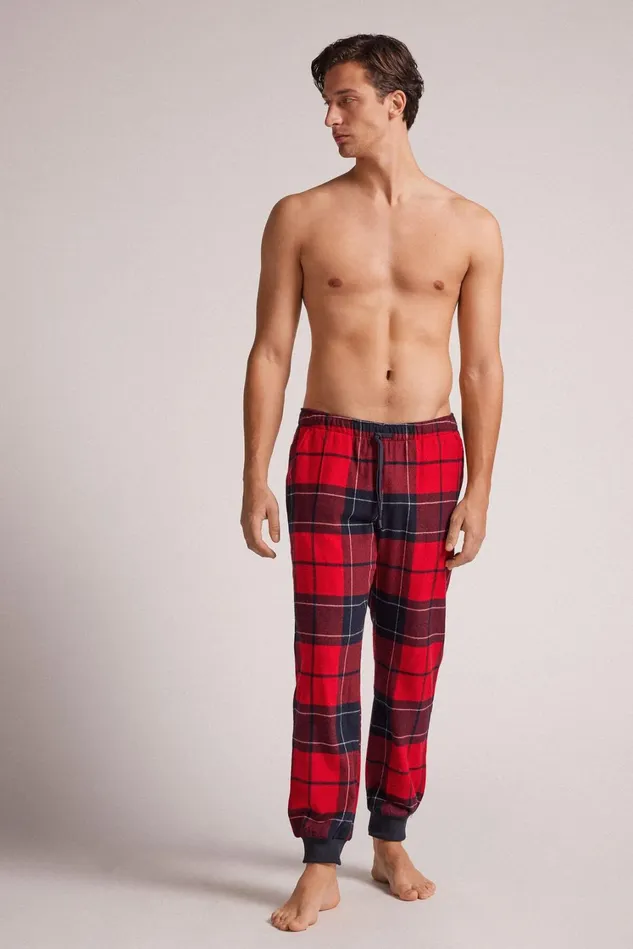 Intimissimi Pants Men Red Check Pants In Brushed Cotton Cloth Blue 739j 8211 Check Rossoblu Notte